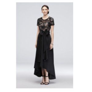 RM RICHARDS  Black Satin High Low A-line Dress with Sequins